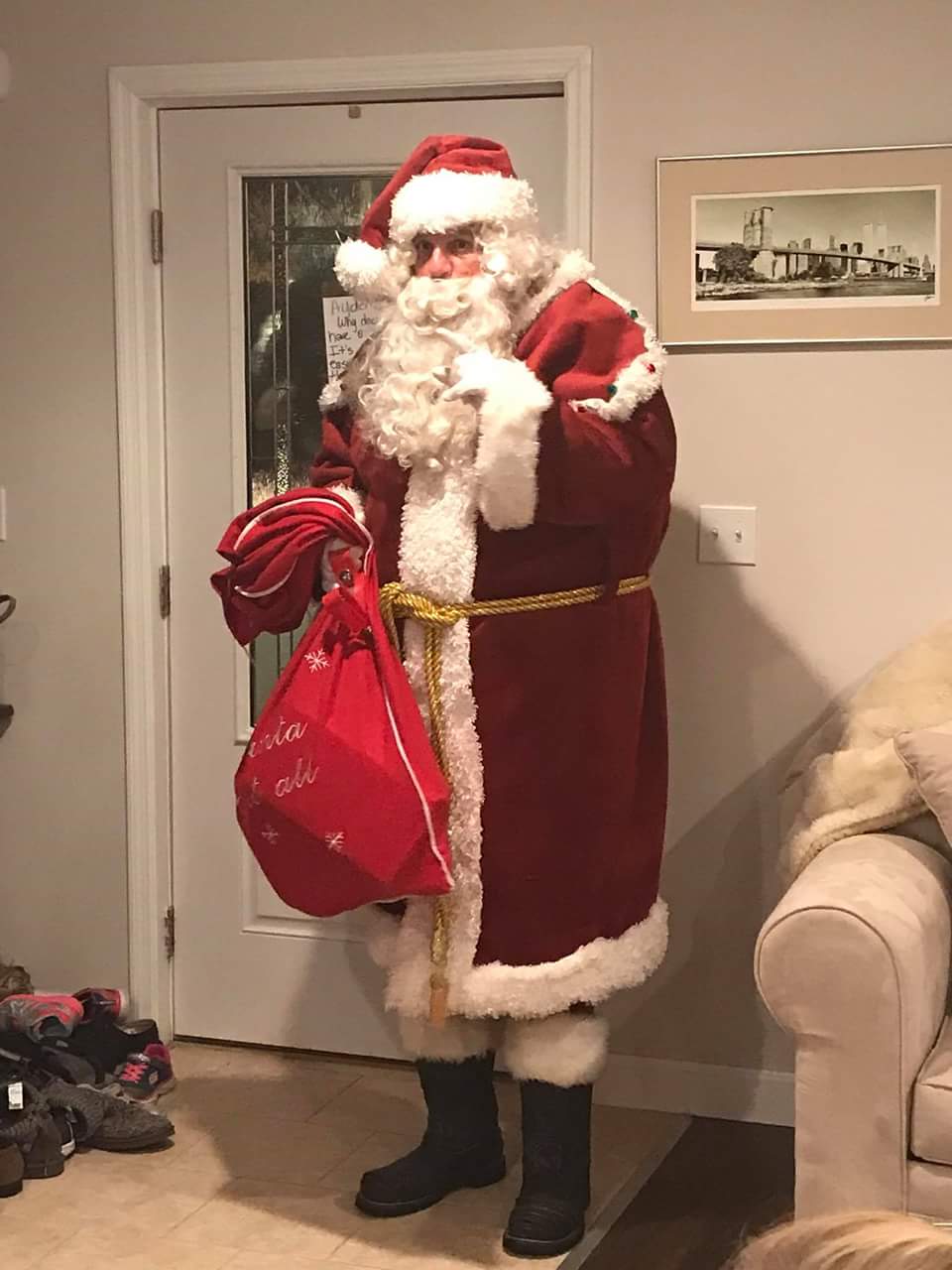 Holiday Santa Claus Waliking in the Door for visit Holiday Santa Claus Waliking in the Door for visit